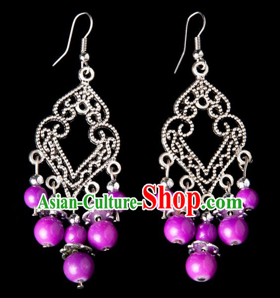 Traditional Chinese Miao Nationality Crafts, Yunnan Hmong Handmade Purple Beads Long Tassel Earrings Pendant, China Ethnic Minority Eardrop Accessories Earbob Pendant for Women
