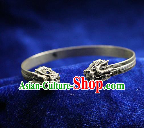 Traditional Chinese Miao Nationality Crafts Jewelry Accessory Bangle, Hmong Handmade Miao Silver Classical Dragon Bracelet, Miao Ethnic Minority Silver Bracelet Accessories for Women