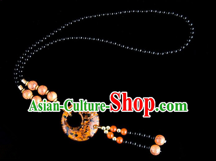 Traditional Chinese Miao Nationality Crafts, China Handmade Beads Orange Coloured Glaze Sweater Chain, China Miao Ethnic Minority Necklace Accessories Pendant for Women