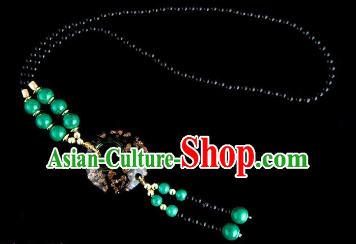 Traditional Chinese Miao Nationality Crafts, China Handmade Beads Deep Green Coloured Glaze Sweater Chain, China Miao Ethnic Minority Necklace Accessories Pendant for Women
