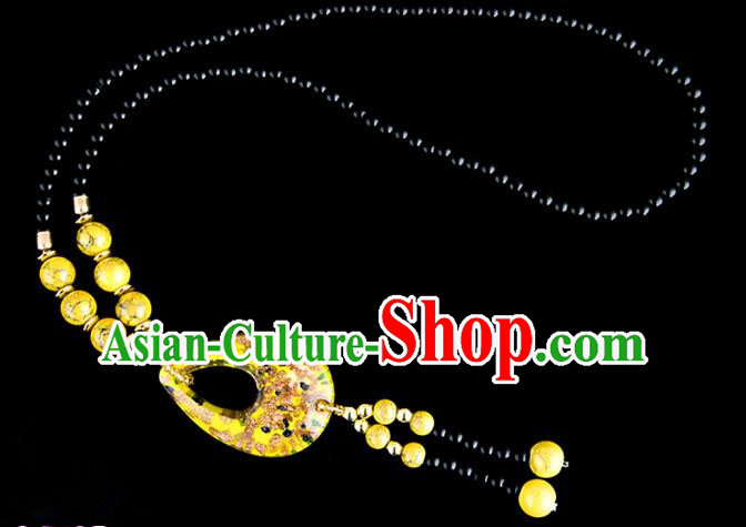 Traditional Chinese Zang Nationality Crafts, China Handmade Tibet Coloured Glaze Beads Yellow Drop-shaped Tassel Sweater Chain, Tibetan Ethnic Minority Necklace Accessories Pendant for Women