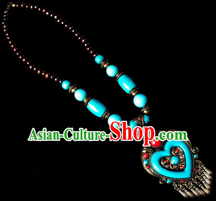 Traditional Chinese Zang Nationality Crafts, China Handmade Tibet Blue Beads Heart-shaped Tassel Sweater Chain, Tibetan Ethnic Minority Necklace Accessories Pendant for Women