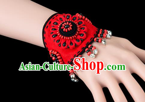 Traditional Chinese Miao Nationality Crafts, Yunan Hmong Handmade Flowers Bracelet Red Cuff Bells Hand Decorative, China Miao Ethnic Minority Bangle Accessories for Women