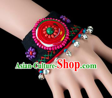 Traditional Chinese Miao Nationality Crafts, Yunan Hmong Handmade Flowers Bracelet Black Cuff Bells Hand Decorative, China Miao Ethnic Minority Bangle Accessories for Women