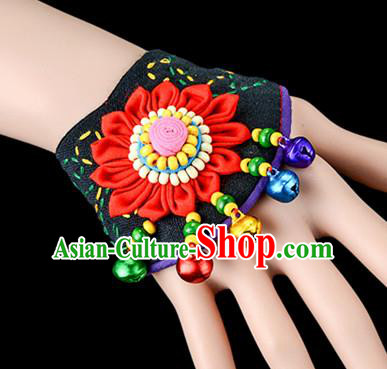 Traditional Chinese Miao Nationality Crafts, Yunan Hmong Handmade Red Fabrics Flower Bracelet Cuff Bells Hand Decorative, China Miao Ethnic Minority Bangle Accessories for Women