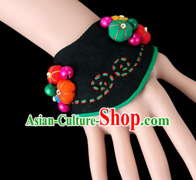 Traditional Chinese Miao Nationality Crafts, Yunnan Hmong Handmade Black Fabrics Bracelet Cuff Bells Hand Decorative, China Miao Ethnic Minority Bangle Accessories for Women