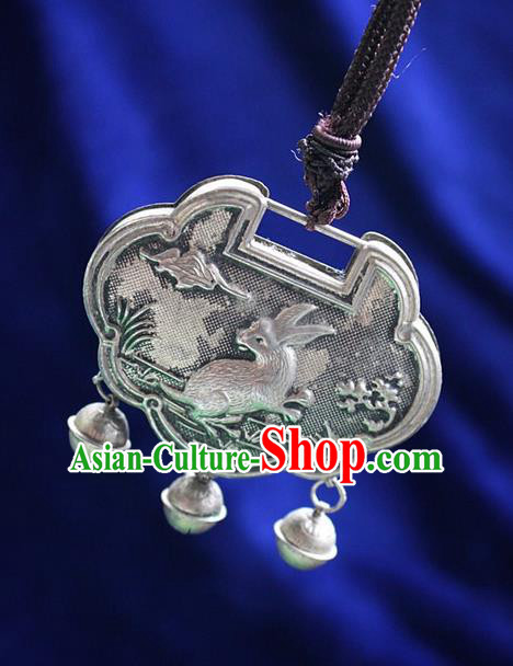 Traditional Chinese Miao Nationality Crafts Jewelry Accessory, Hmong Handmade Miao Silver Longevity Lock Bells Pendant, Miao Ethnic Minority Necklace Accessories Sweater Chain Pendant for Women