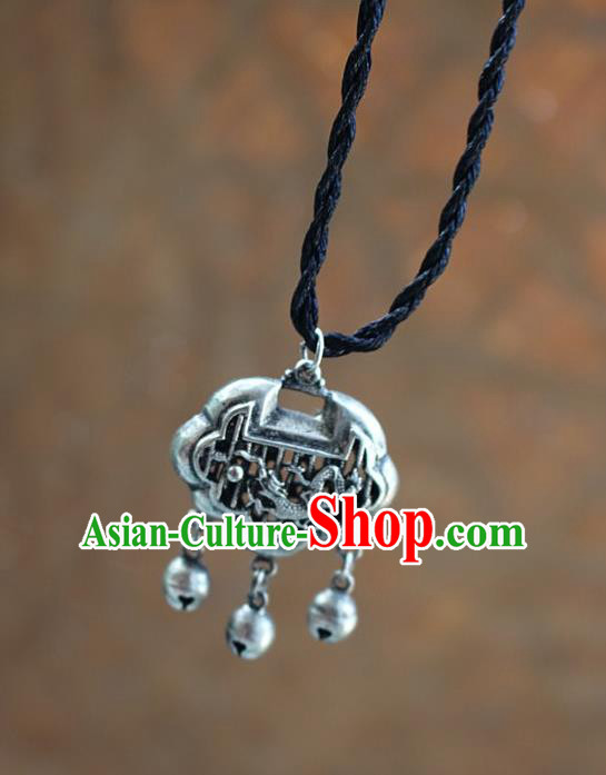Traditional Chinese Miao Nationality Crafts Jewelry Accessory, Hmong Handmade Miao Silver Longevity Lock Pendant, Miao Ethnic Minority Necklace Accessories Sweater Chain Pendant for Women