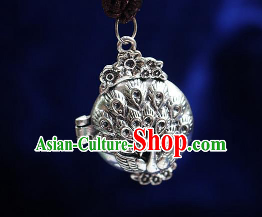Traditional Chinese Miao Nationality Crafts Jewelry Accessory, Hmong Handmade Miao Silver Peacock Tassel Pendant, Miao Ethnic Minority Necklace Accessories Sweater Chain Pendant for Women