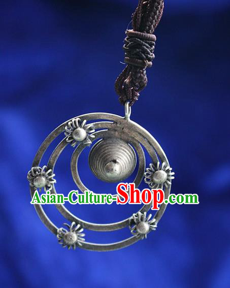 Traditional Chinese Miao Nationality Crafts Jewelry Accessory, Hmong Handmade Miao Silver Round Pendant, Miao Ethnic Minority Bells Necklace Accessories Sweater Chain Pendant for Women