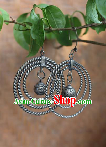 Traditional Chinese Miao Nationality Crafts Jewelry Accessory Classical Earbob Accessories, Hmong Handmade Miao Silver Palace Annulus Earrings, Miao Ethnic Minority Eardrop for Women