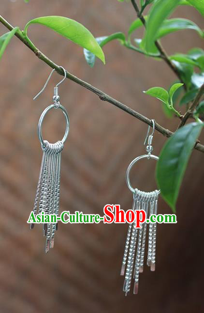 Traditional Chinese Miao Nationality Crafts Jewelry Accessory Classical Earbob Accessories, Hmong Handmade Miao Silver Exaggerated Palace Tassel Earrings, Miao Ethnic Minority Eardrop for Women