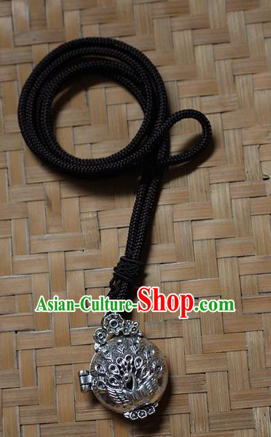 Traditional Chinese Miao Nationality Crafts Jewelry Accessory, Hmong Handmade Miao Silver Peacock Pendant, Miao Ethnic Minority Necklace Accessories Sweater Chain Pendant for Women