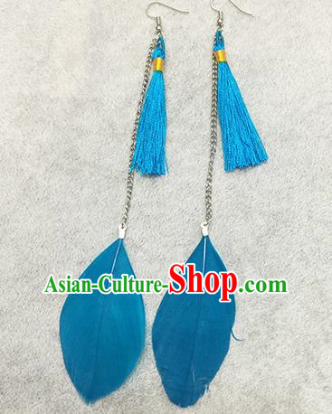 Chinese Classicla Jewelry Accessory Earbob Accessories, Handmade Blue Feather Tassel Earrings Eardrop for Women