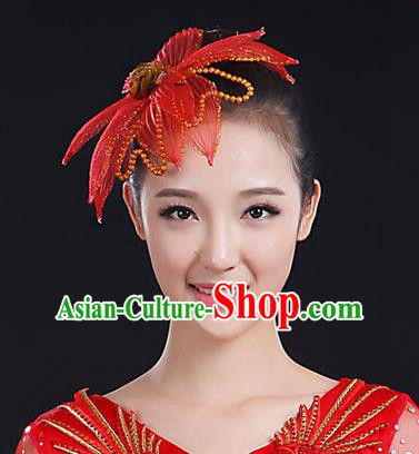 Traditional Handmade Chinese Yangge Fan Dancing Classical Hair Accessories, Folk Dance Yangko Peacock Dance Red Flower Headwear For Women