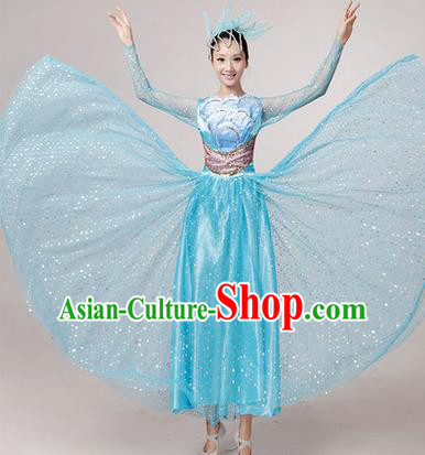 Traditional Chinese Modern Dancing Costume, Women Opening Classic Chorus Singing Group Dance Paillette Costume, Folk Dance Yangko Costume, Modern Dance Long Blue Peony Dress for Women