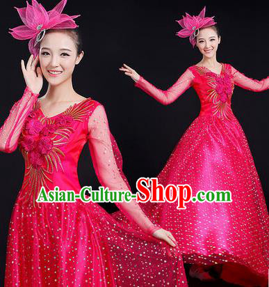 Traditional Chinese Modern Dancing Costume, Women Opening Classic Stage Performance Chorus Singing Group Dance Paillette Costume, Modern Dance Long Rose Dress for Women