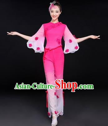 Traditional Chinese Yangge Fan Dancing Costume, Folk Dance Yangko Costume Drum Dance Classic Dance Jasmine Flower Pink Clothing for Women