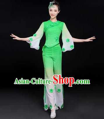 Traditional Chinese Yangge Fan Dancing Costume, Folk Dance Yangko Costume Drum Dance Classic Dance Jasmine Flower Blue Clothing for Women