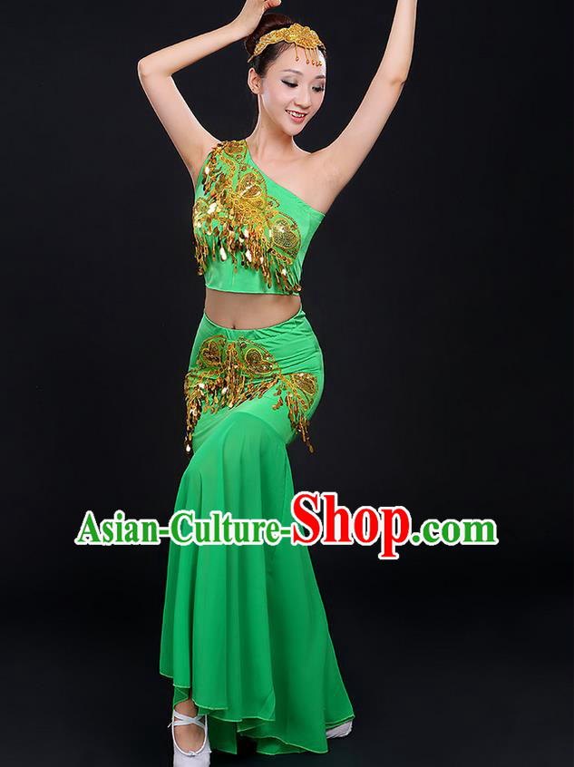 Traditional Chinese Dai Nationality Peacock Dancing Costume, Folk Dance Ethnic Paillette Dress, Chinese Minority Nationality Classic Dance Green Costume for Women