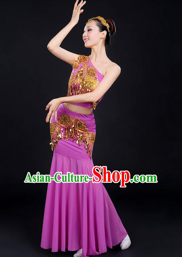 Traditional Chinese Dai Nationality Peacock Dancing Costume, Folk Dance Ethnic Paillette Dress, Chinese Minority Nationality Classic Dance Purple Costume for Women