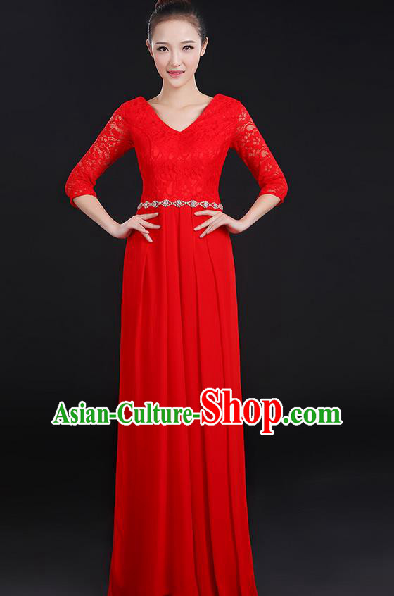 Traditional Chinese Modern Dancing Costume, Women Opening Classic Chorus Singing Group Dance Lace Clothing, Modern Dance Long Red Dress for Women
