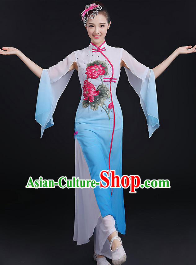 Traditional Chinese Yangge Fan Dancing Costume, Opening Dance Costume, Classic Dance Folk Lotus Dance Yangko Costume Drum Dance Blue Clothing for Women