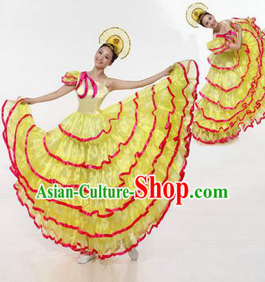 Traditional Chinese Modern Dancing Costume, Women Opening Classic Chorus Singing Group Dance Costume, Modern Dance Big Swing Yellow Dress for Women