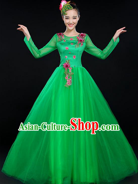 Traditional Chinese Modern Dancing Costume, Women Opening Classic Chorus Singing Group Dance Costume, Modern Dance Big Swing Embroidered Green Long Dress for Women