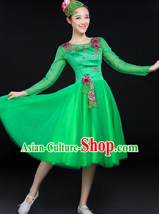 Traditional Chinese Modern Dancing Costume, Women Opening Classic Chorus Singing Group Dance Costume, Modern Dance Big Swing Embroidered Green Short Dress for Women