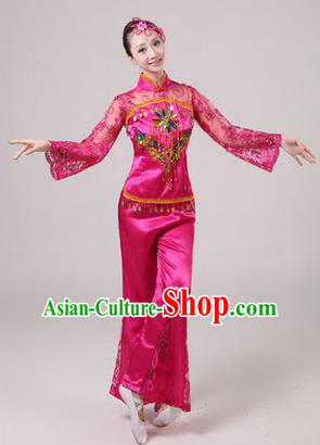 Traditional Chinese Yangge Fan Dancing Costume, Folk Dance Yangko Paillette Dress Costume, Classic Dance Drum Dance Rose Embroidered Clothing for Women