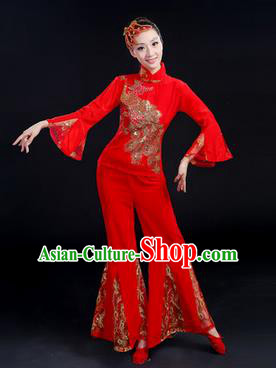 Traditional Chinese Yangge Fan Dancing Costume, Folk Dance Yangko Paillette Phoenix Uniforms, Classic Dance Dress Drum Dance Red Clothing for Women