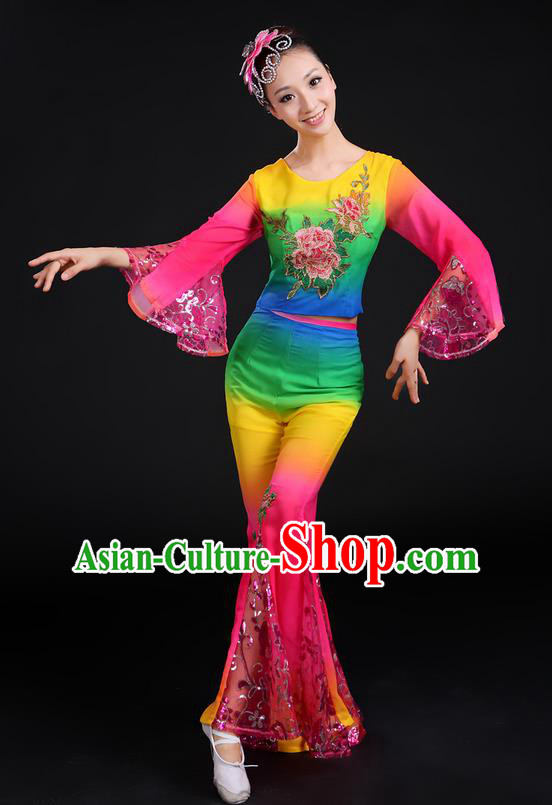 Traditional Chinese Yangge Fan Dancing Costume, Folk Dance Yangko Gradient Paillette Peony Uniforms, Classic Dance Dress Drum Dance Clothing for Women