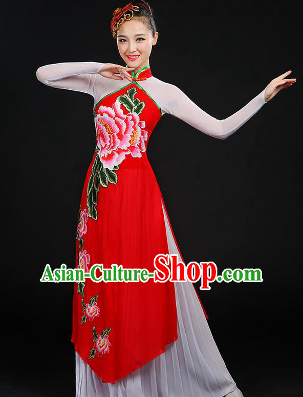 Traditional Chinese Yangge Fan Dancing Costume, Folk Dance Yangko Peony Uniforms, Classic Dance Cheongsam Dress Drum Dance Clothing for Women