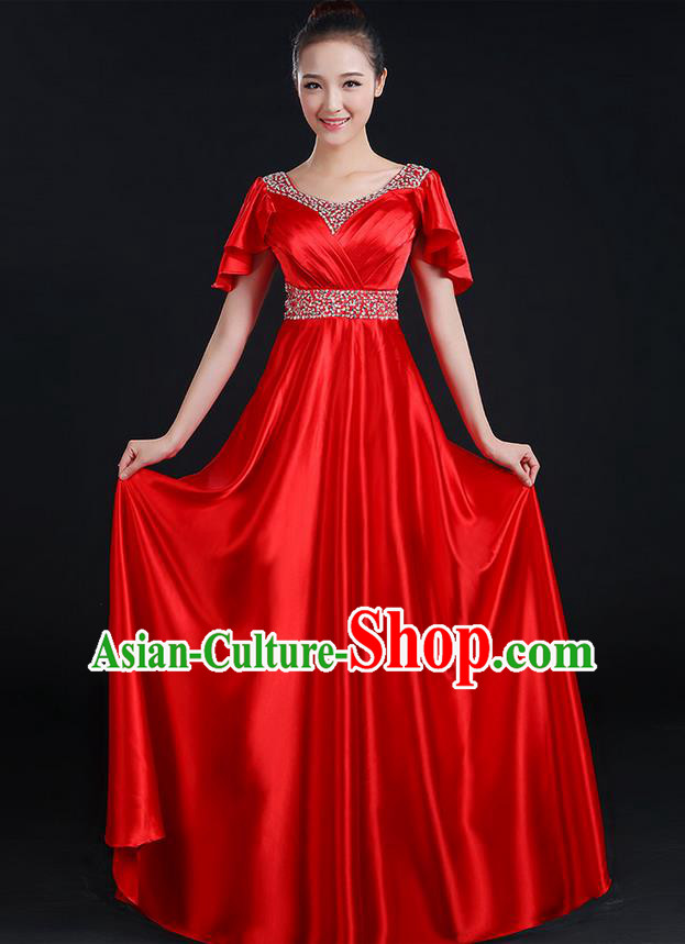 Traditional Chinese Modern Dancing Compere Costume, Women Opening Classic Chorus Singing Group Dance Uniforms, Modern Dance Crystal Long Red Dress for Women