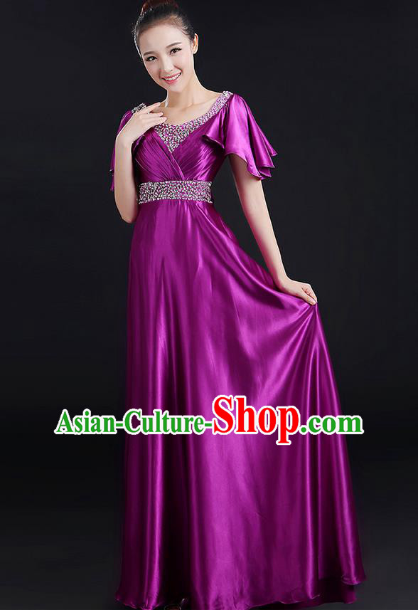 Traditional Chinese Modern Dancing Compere Costume, Women Opening Classic Chorus Singing Group Dance Uniforms, Modern Dance Crystal Long Purple Dress for Women