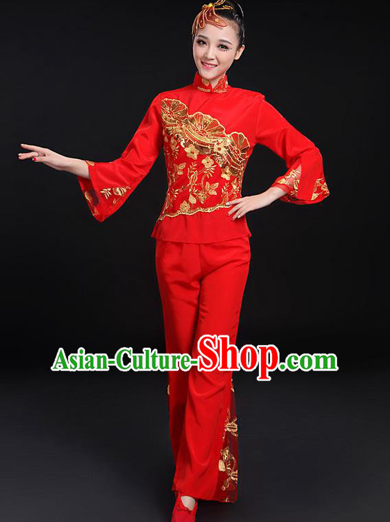 Traditional Chinese Yangge Fan Dancing Costume, Folk Dance Yangko Stand Collar Uniforms, Classic Dance Dress Drum Dance Paillette Peony Clothing for Women