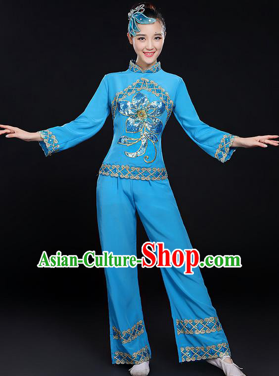 Traditional Chinese Yangge Fan Dancing Costume, Folk Dance Yangko Uniforms, Classic Dance Elegant Dress Drum Dance Paillette Peony Blue Clothing for Women