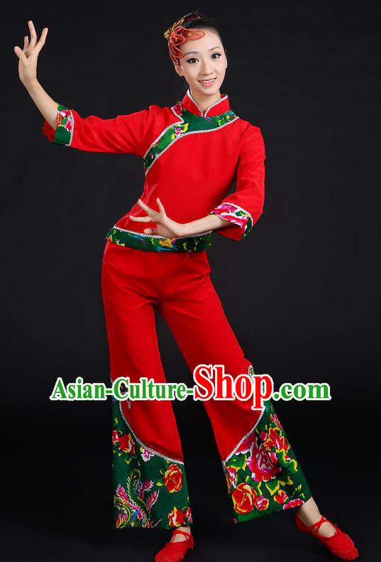 Traditional Chinese Yangge Fan Dancing Costume, Folk Dance Yangko Peony Uniforms, Classic Umbrella Dance Elegant Dress Drum Dance Red Clothing for Women