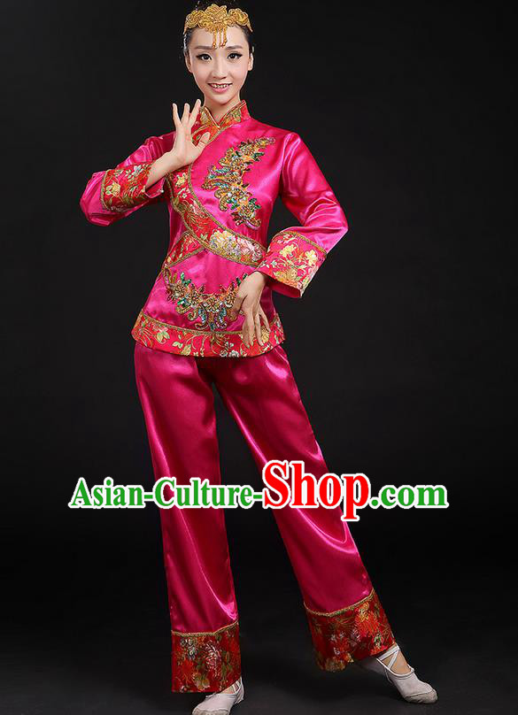 Traditional Chinese Yangge Fan Dancing Costume, Folk Dance Yangko Uniforms, Classic Umbrella Dance Elegant Dress Drum Dance Pink Paillette Phoenix Clothing for Women