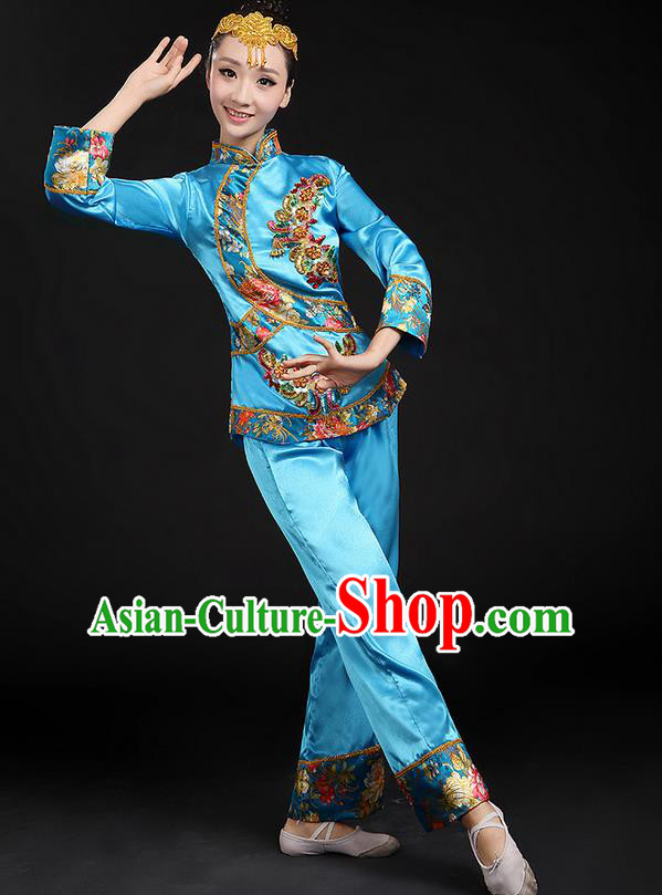 Traditional Chinese Yangge Fan Dancing Costume, Folk Dance Yangko Uniforms, Classic Umbrella Dance Elegant Dress Drum Dance Blue Paillette Phoenix Clothing for Women