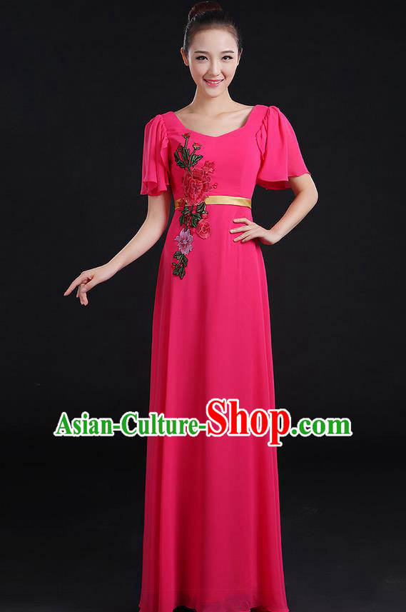 Traditional Chinese Modern Dancing Compere Costume, Women Opening Classic Chorus Singing Group Dance Peony Uniforms, Modern Dance Long Pink Dress for Women