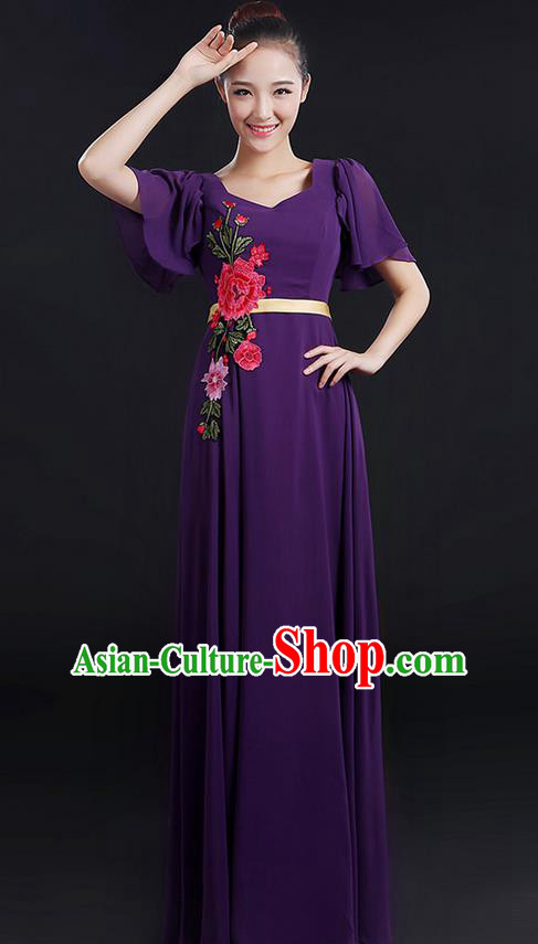 Traditional Chinese Modern Dancing Compere Costume, Women Opening Classic Chorus Singing Group Dance Peony Uniforms, Modern Dance Classic Dance Long Purple Dress for Women