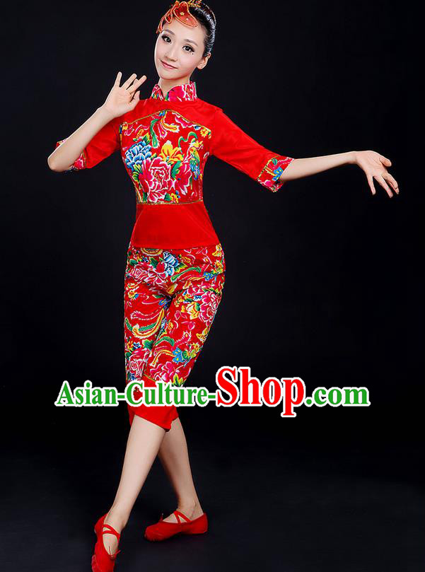 Traditional Chinese Yangge Fan Dancing Costume, Folk Dance Yangko Fairy Uniforms, Classic Dance Elegant Dress Drum Dance Peony Red Clothing for Women