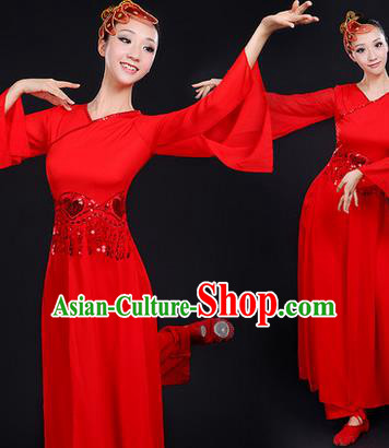 Traditional Chinese Yangge Fan Dancing Costume, Folk Dance Yangko Mandarin Sleeve Paillette Uniforms, Classic Dance Elegant Dress Drum Dance Paillette Red Clothing for Women