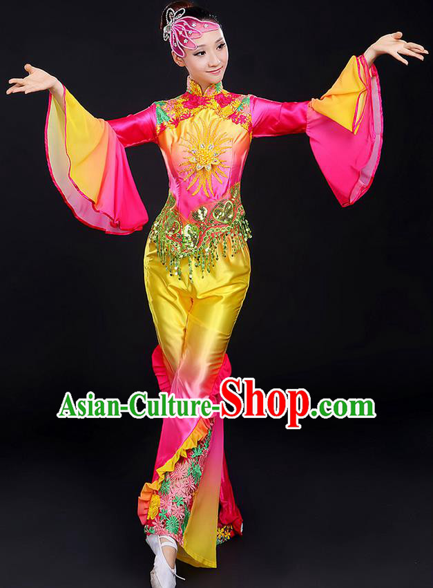 Traditional Chinese Yangge Fan Dancing Costume, Folk Dance Yangko Mandarin Sleeve Paillette Uniforms, Classic Dance Elegant Dress Drum Dance Paillette Tassel Clothing for Women