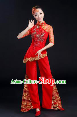 Traditional Chinese Yangge Fan Dancing Costume, Folk Dance Yangko Paillette Uniforms, Classic Dance Elegant Dress Drum Dance Paillette Red Clothing for Women