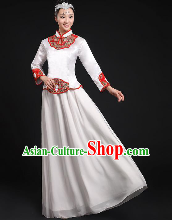 Traditional Chinese Modern Dancing Compere Costume, Women Opening Classic Chorus Singing Group Dance Uniforms, Modern Dance Classic Dance Cheongsam White Dress for Women