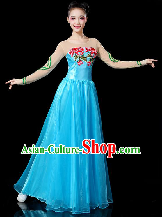 Traditional Chinese Modern Dancing Compere Costume, Women Opening Classic Chorus Singing Group Dance Uniforms, Modern Dance Classic Dance Peony Blue Big Swing Dress for Women