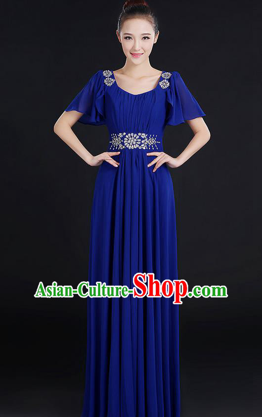 Traditional Chinese Modern Dancing Compere Costume, Women Opening Classic Chorus Singing Group Dance Uniforms, Modern Dance Classic Dance Big Swing Crystal Royalblue Dress for Women
